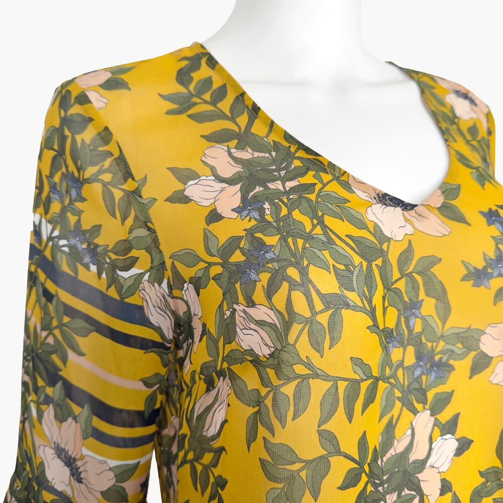 CABI "Scene" Sheer Chiffon Ruffle Bell Sleeve Floral Blouse (Yellow | Size S) - Picture 8 of 10
